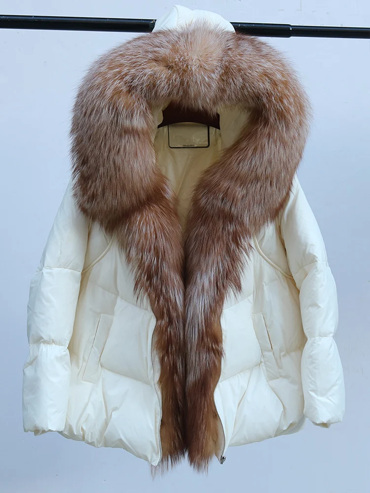 New Fashion Outerwear Puffer Jacket 2024 Women Coat White Duck Down Jacket Super Large Real Silver Fox Fur Collar Hooded