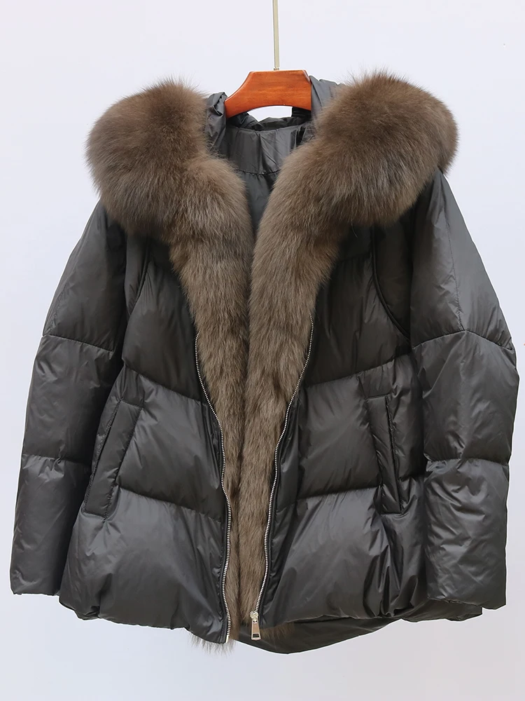 New Fashion Outerwear Puffer Jacket 2024 Women Coat White Duck Down Jacket Super Large Real Silver Fox Fur Collar Hooded