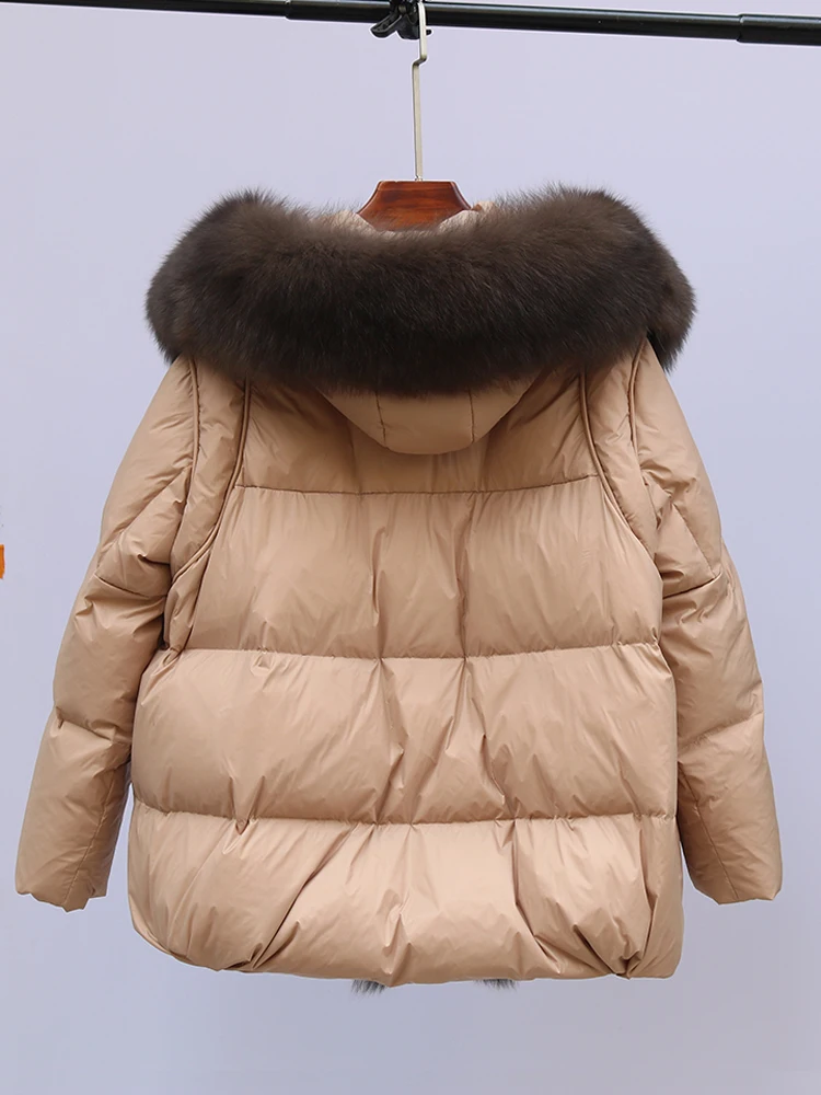 New Fashion Outerwear Puffer Jacket 2024 Women Coat White Duck Down Jacket Super Large Real Silver Fox Fur Collar Hooded