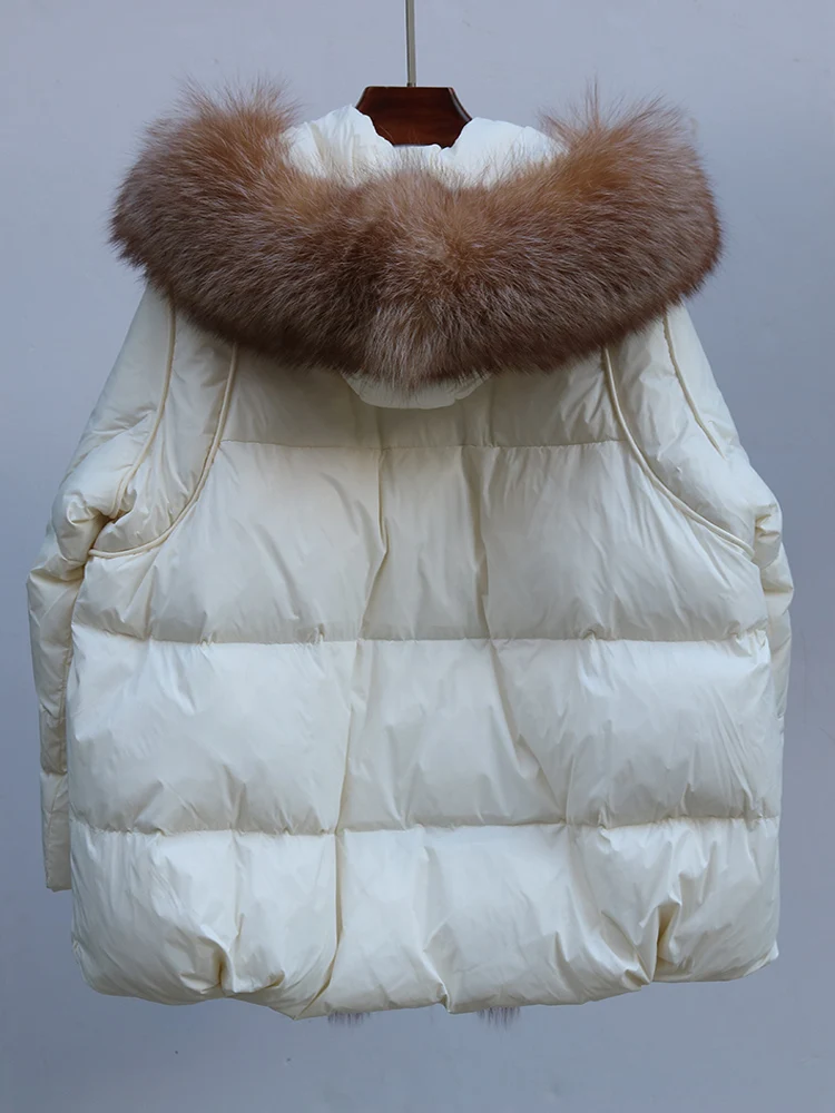 New Fashion Outerwear Puffer Jacket 2024 Women Coat White Duck Down Jacket Super Large Real Silver Fox Fur Collar Hooded