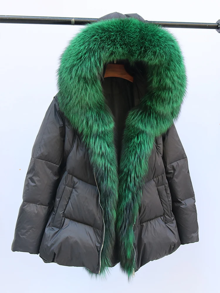 New Fashion Outerwear Puffer Jacket 2024 Women Coat White Duck Down Jacket Super Large Real Silver Fox Fur Collar Hooded