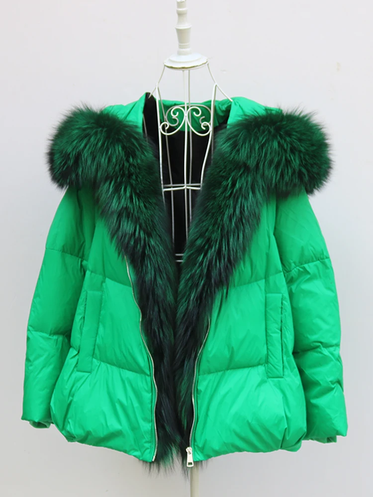 New Fashion Outerwear Puffer Jacket 2024 Women Coat White Duck Down Jacket Super Large Real Silver Fox Fur Collar Hooded