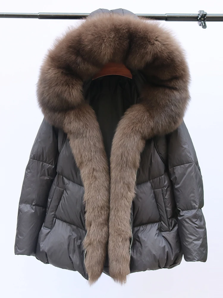 New Fashion Outerwear Puffer Jacket 2024 Women Coat White Duck Down Jacket Super Large Real Silver Fox Fur Collar Hooded