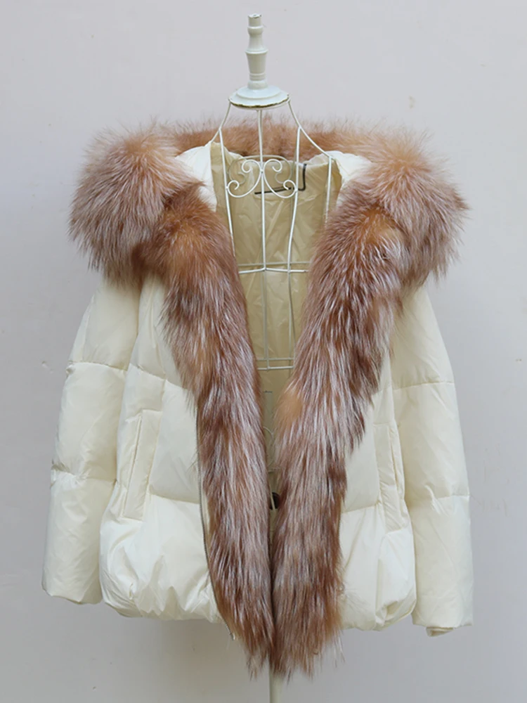 New Fashion Outerwear Puffer Jacket 2024 Women Coat White Duck Down Jacket Super Large Real Silver Fox Fur Collar Hooded