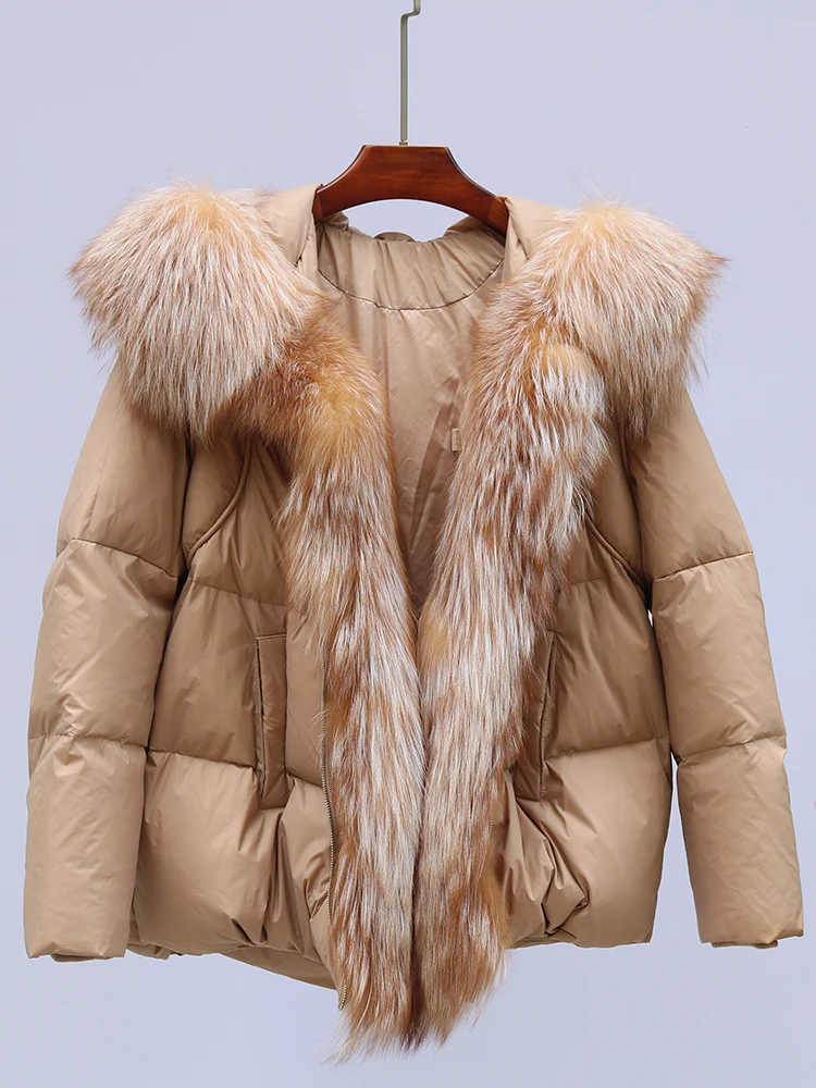 New Fashion Outerwear Puffer Jacket 2024 Women Coat White Duck Down Jacket Super Large Real Silver Fox Fur Collar Hooded
