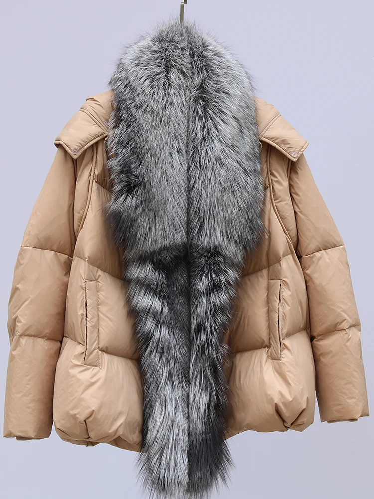 New Fashion Outerwear Puffer Jacket 2024 Women Coat White Duck Down Jacket Super Large Real Silver Fox Fur Collar Hooded