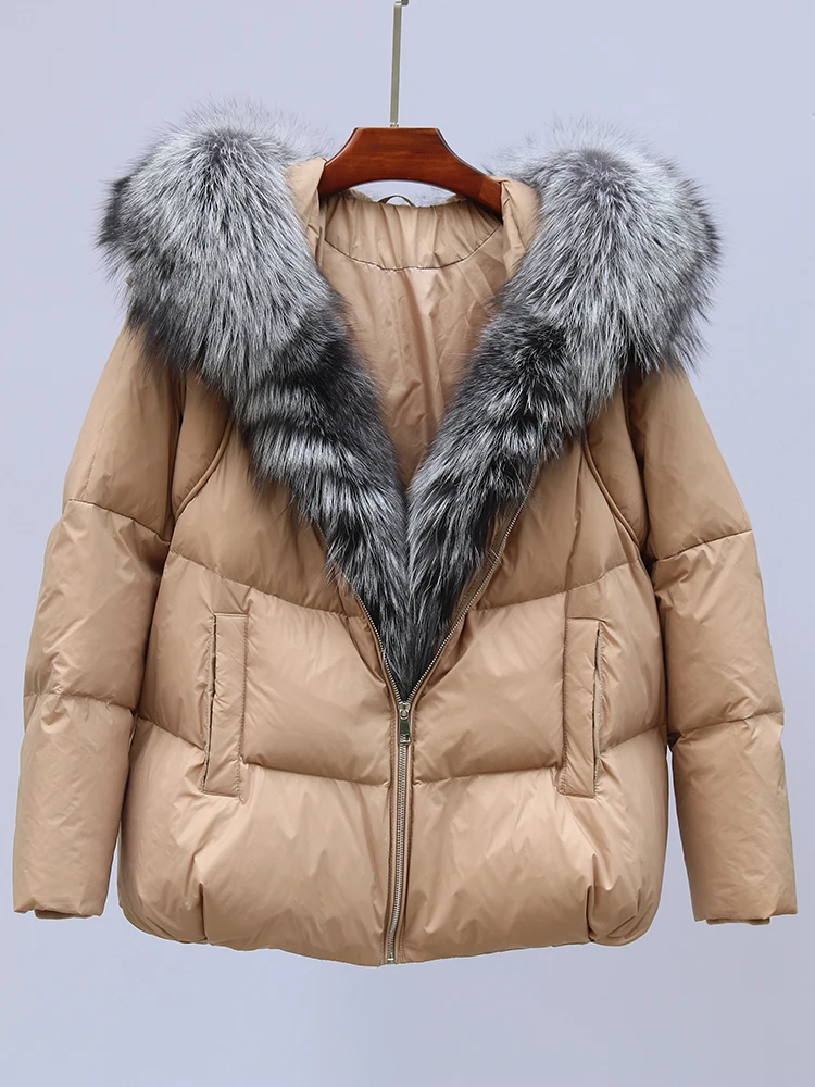 New Fashion Outerwear Puffer Jacket 2024 Women Coat White Duck Down Jacket Super Large Real Silver Fox Fur Collar Hooded