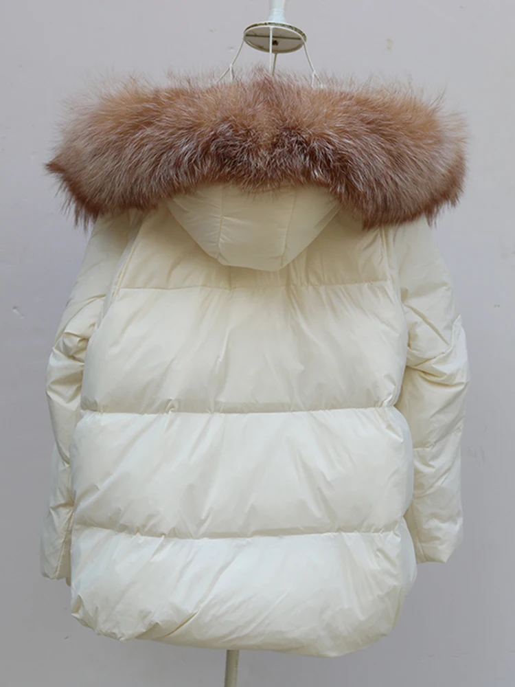 New Fashion Outerwear Puffer Jacket 2024 Women Coat White Duck Down Jacket Super Large Real Silver Fox Fur Collar Hooded