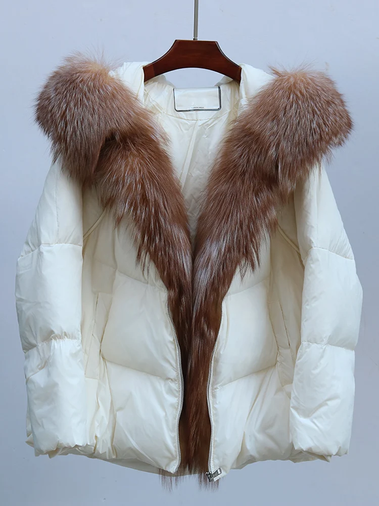 New Fashion Outerwear Puffer Jacket 2024 Women Coat White Duck Down Jacket Super Large Real Silver Fox Fur Collar Hooded