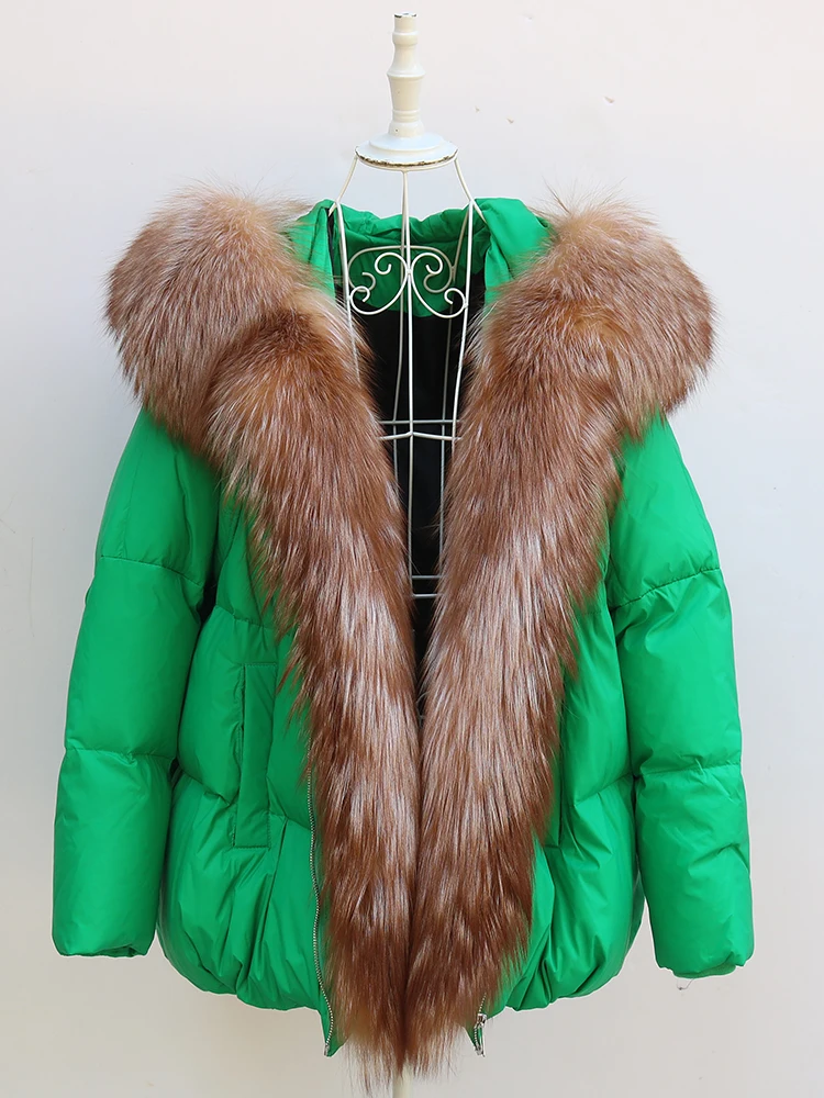 New Fashion Outerwear Puffer Jacket 2024 Women Coat White Duck Down Jacket Super Large Real Silver Fox Fur Collar Hooded