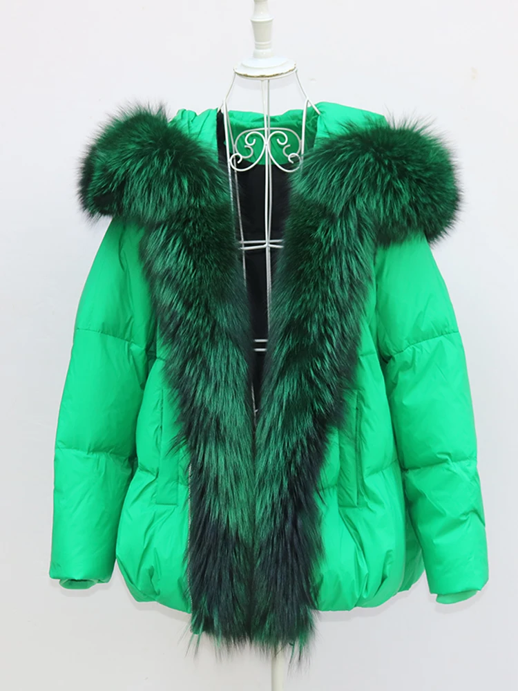 New Fashion Outerwear Puffer Jacket 2024 Women Coat White Duck Down Jacket Super Large Real Silver Fox Fur Collar Hooded