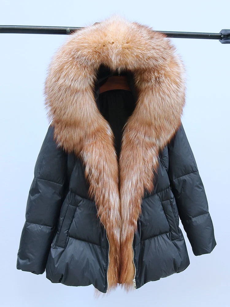 New Fashion Outerwear Puffer Jacket 2024 Women Coat White Duck Down Jacket Super Large Real Silver Fox Fur Collar Hooded