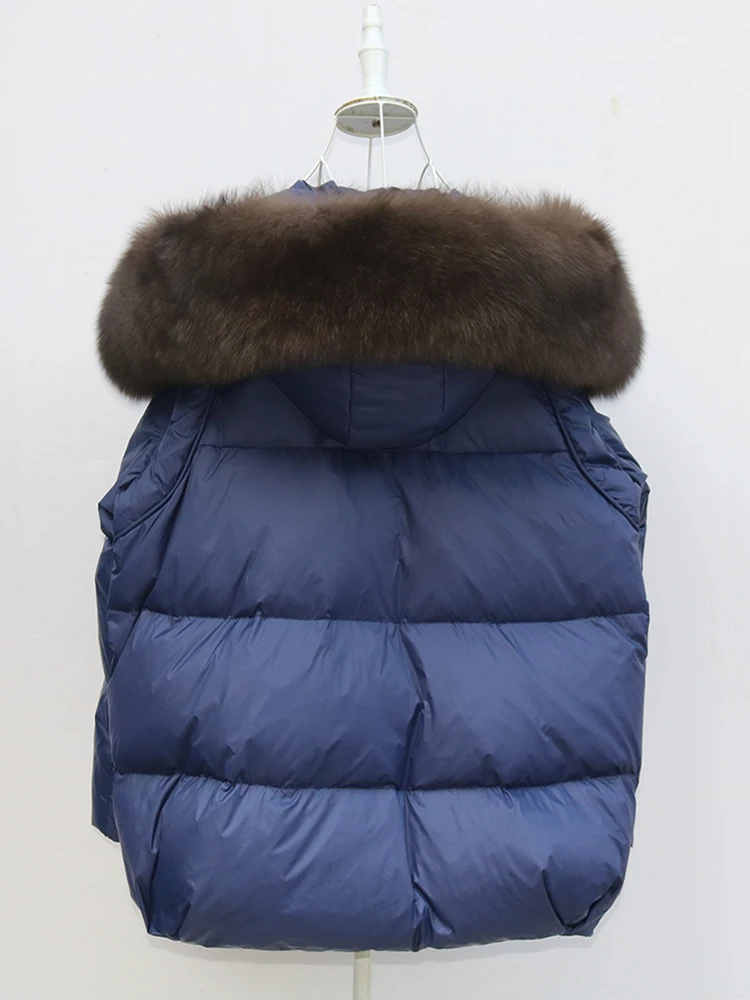 New Fashion Outerwear Puffer Jacket 2024 Women Coat White Duck Down Jacket Super Large Real Silver Fox Fur Collar Hooded