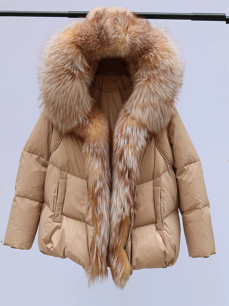 New Fashion Outerwear Puffer Jacket 2024 Women Coat White Duck Down Jacket Super Large Real Silver Fox Fur Collar Hooded