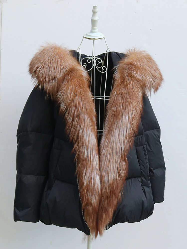 New Fashion Outerwear Puffer Jacket 2024 Women Coat White Duck Down Jacket Super Large Real Silver Fox Fur Collar Hooded