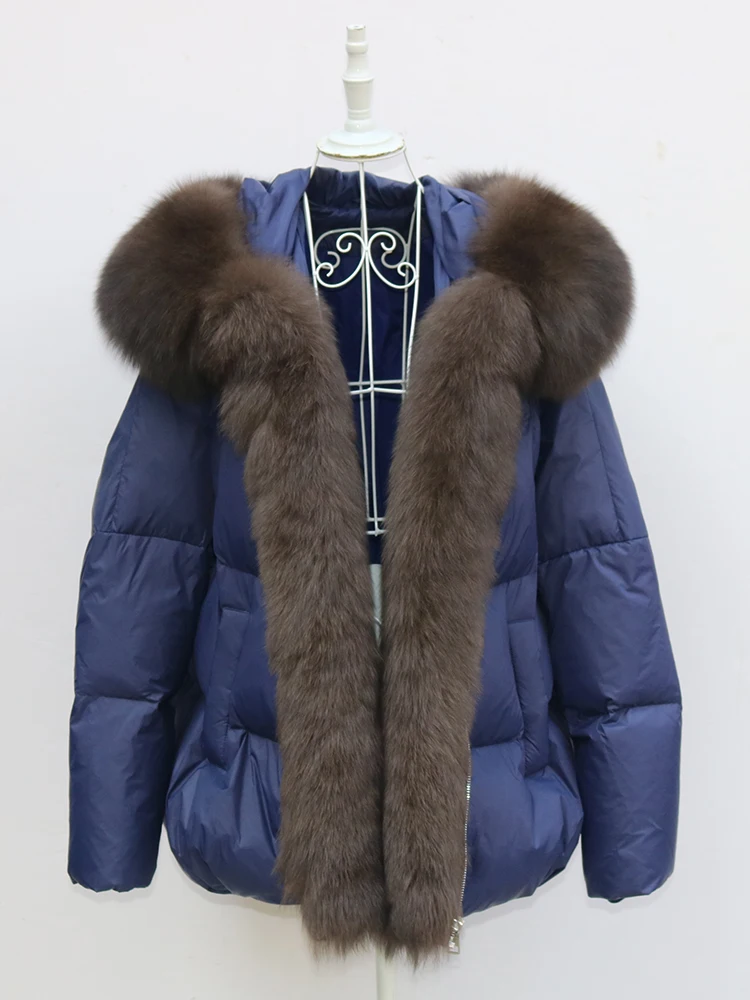 New Fashion Outerwear Puffer Jacket 2024 Women Coat White Duck Down Jacket Super Large Real Silver Fox Fur Collar Hooded