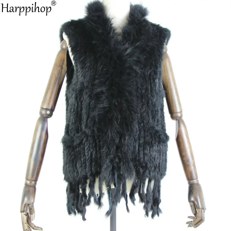 womens natural real rabbit fur vest with raccoon fur collar waistcoat/jackets with pocket rex rabbit knitted winter