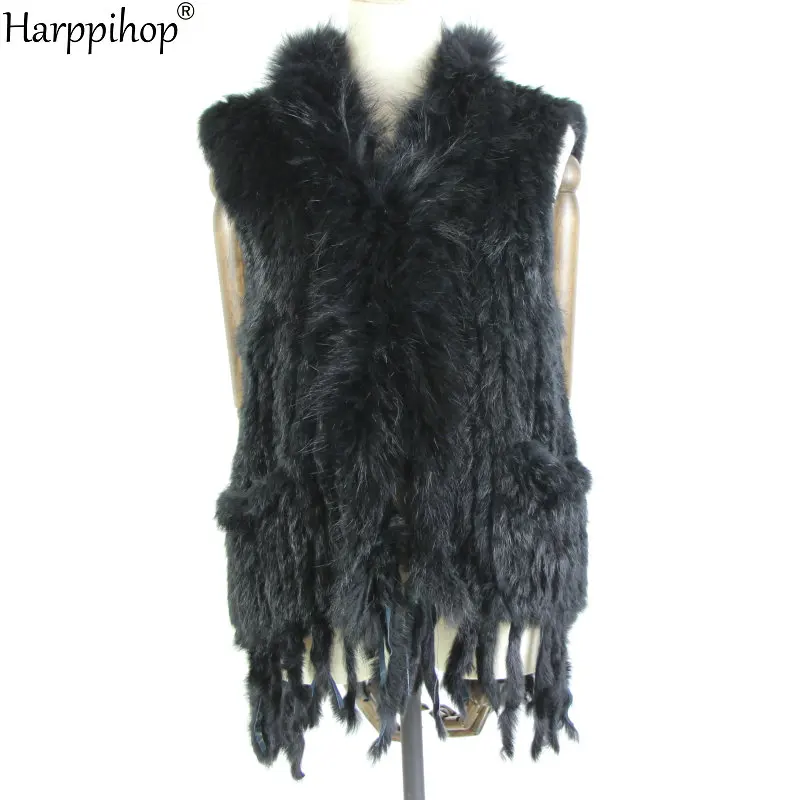 womens natural real rabbit fur vest with raccoon fur collar waistcoat/jackets with pocket rex rabbit knitted winter