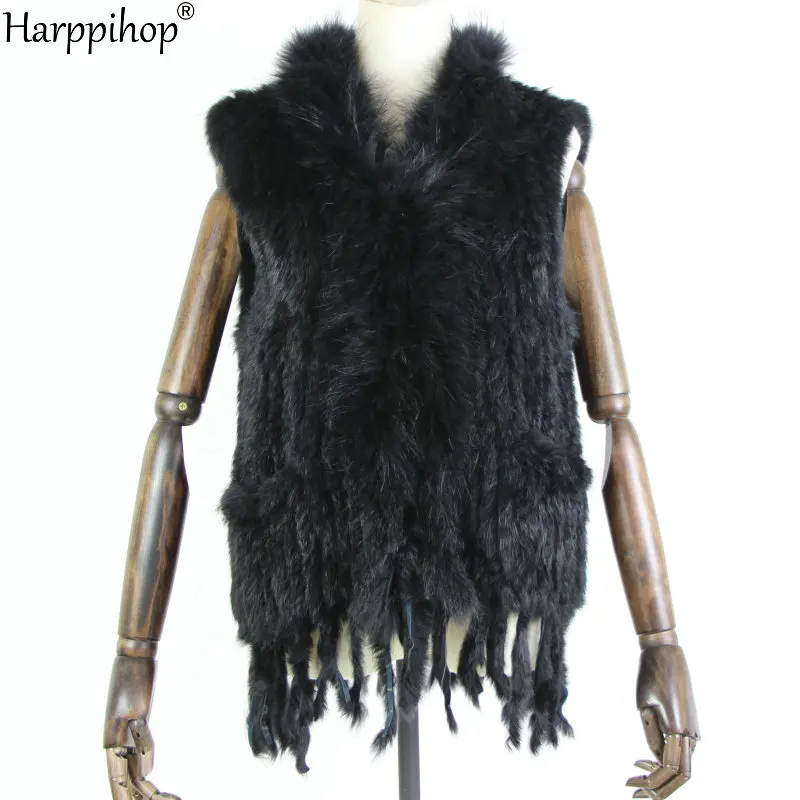 womens natural real rabbit fur vest with raccoon fur collar waistcoat/jackets with pocket rex rabbit knitted winter