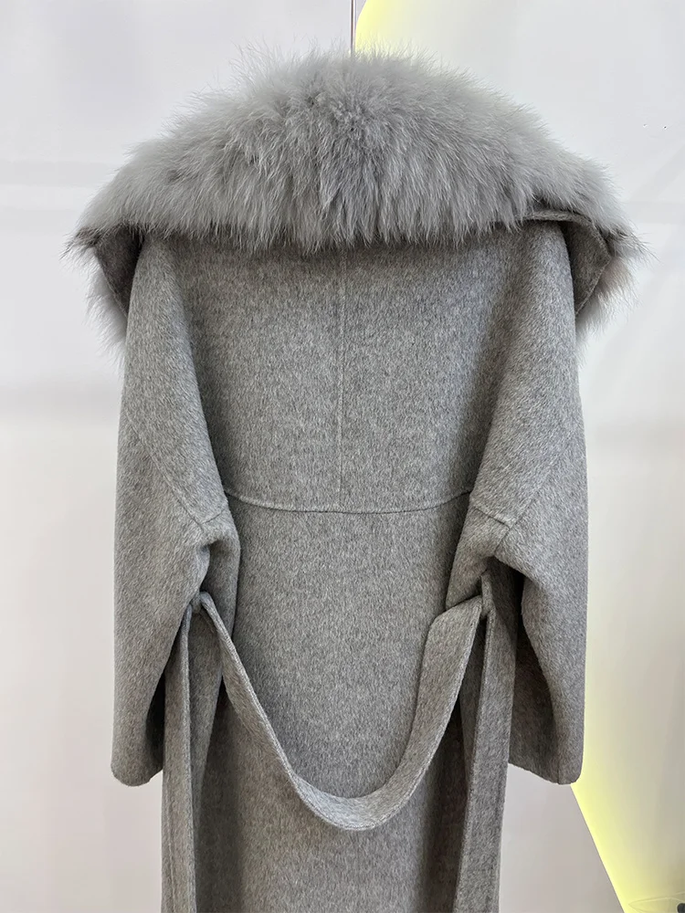 2025 Fashion Winter Long Women Wool Cashmere Blended Coat Big Real Silver Fox Fur Collar Luxury Jacket With Belt Outwear