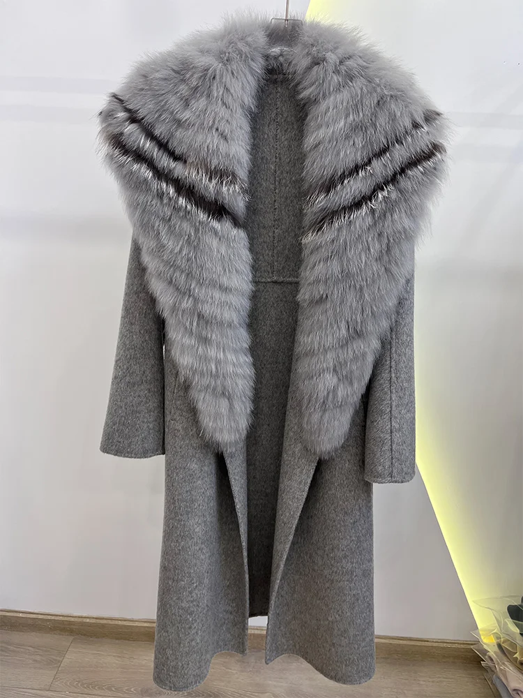 2025 Fashion Winter Long Women Wool Cashmere Blended Coat Big Real Silver Fox Fur Collar Luxury Jacket With Belt Outwear