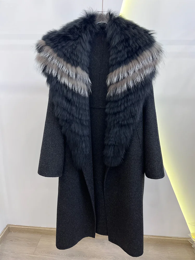 2025 Fashion Winter Long Women Wool Cashmere Blended Coat Big Real Silver Fox Fur Collar Luxury Jacket With Belt Outwear