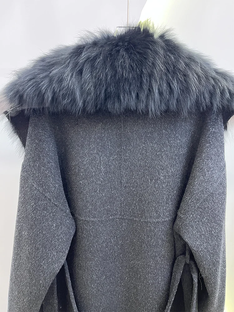 2025 Fashion Winter Long Women Wool Cashmere Blended Coat Big Real Silver Fox Fur Collar Luxury Jacket With Belt Outwear