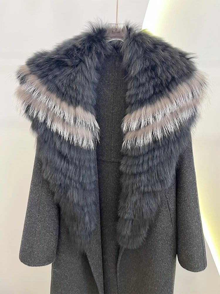 2025 Fashion Winter Long Women Wool Cashmere Blended Coat Big Real Silver Fox Fur Collar Luxury Jacket With Belt Outwear