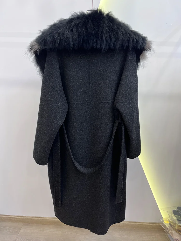 2025 Fashion Winter Long Women Wool Cashmere Blended Coat Big Real Silver Fox Fur Collar Luxury Jacket With Belt Outwear