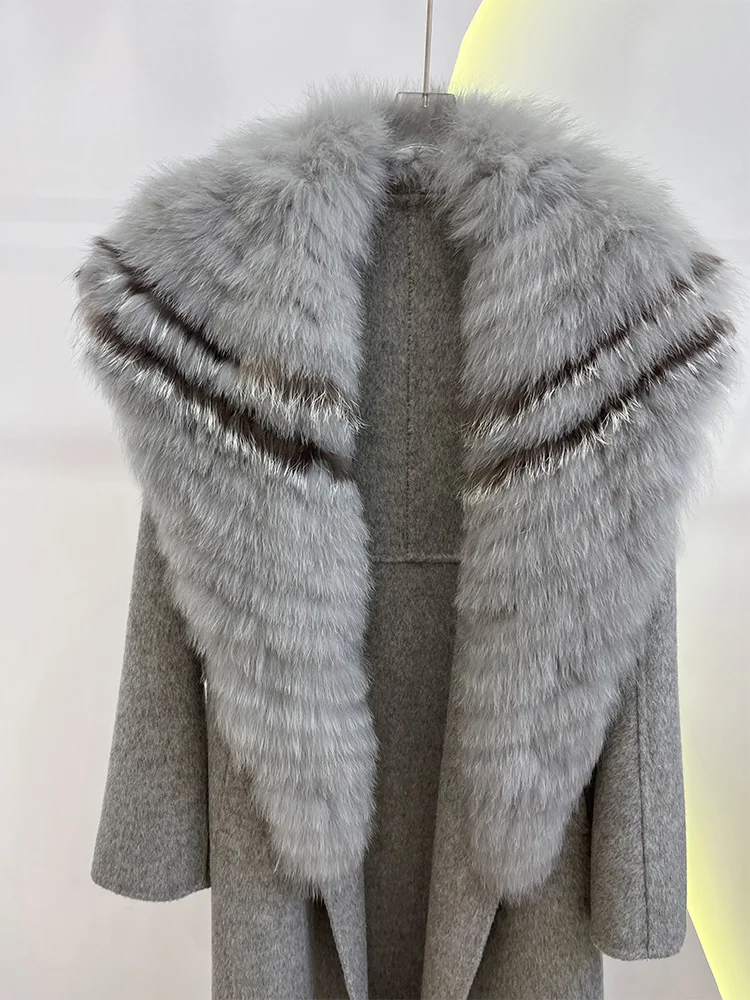 2025 Fashion Winter Long Women Wool Cashmere Blended Coat Big Real Silver Fox Fur Collar Luxury Jacket With Belt Outwear