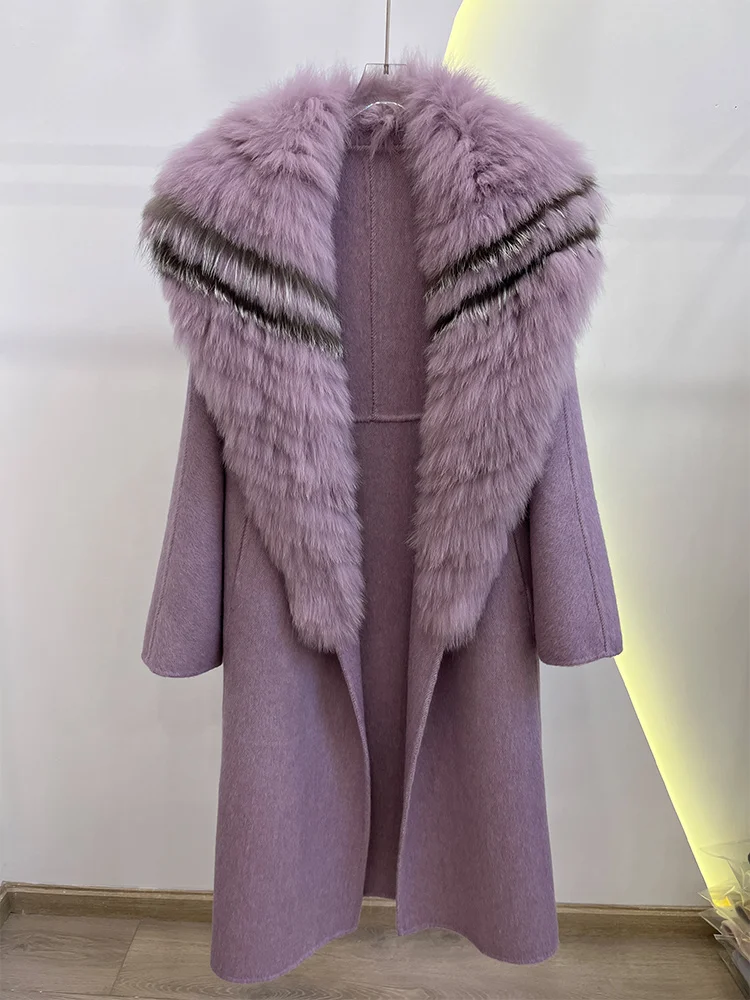 2025 Fashion Winter Long Women Wool Cashmere Blended Coat Big Real Silver Fox Fur Collar Luxury Jacket With Belt Outwear