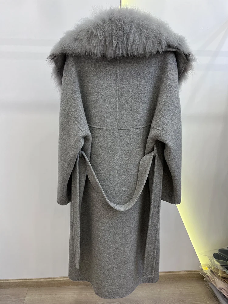 2025 Fashion Winter Long Women Wool Cashmere Blended Coat Big Real Silver Fox Fur Collar Luxury Jacket With Belt Outwear