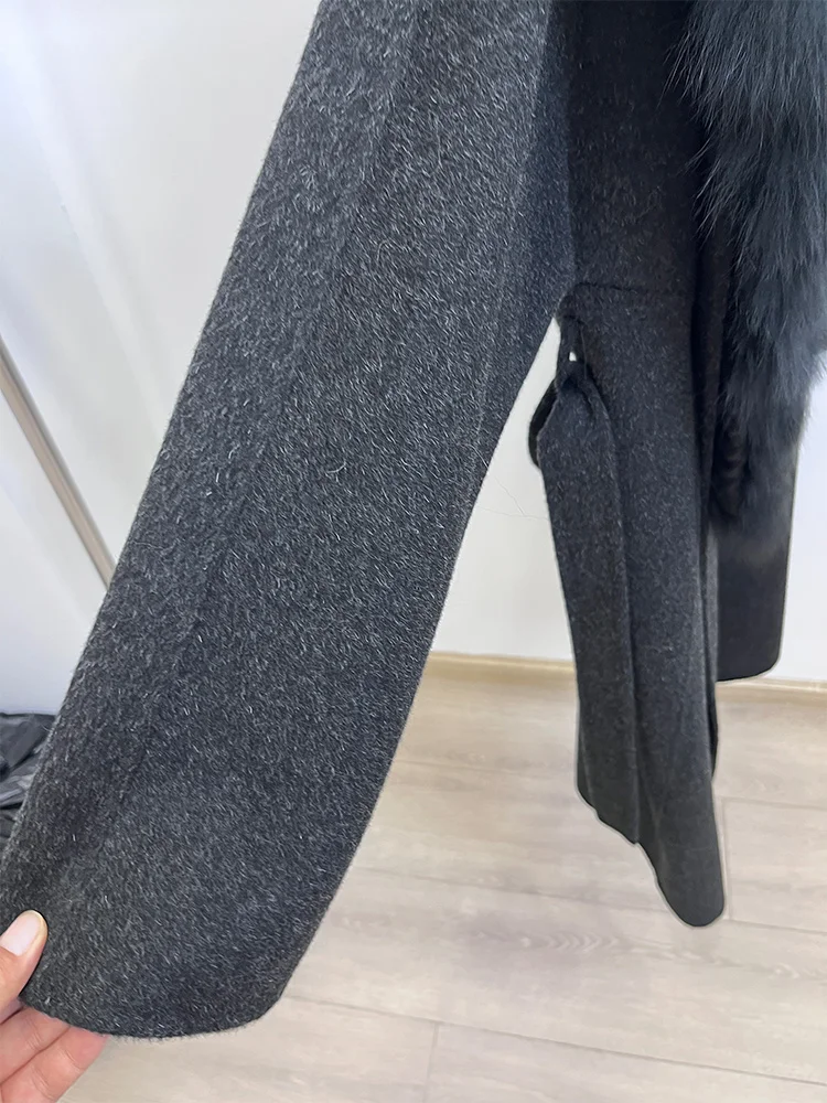 2025 Fashion Winter Long Women Wool Cashmere Blended Coat Big Real Silver Fox Fur Collar Luxury Jacket With Belt Outwear