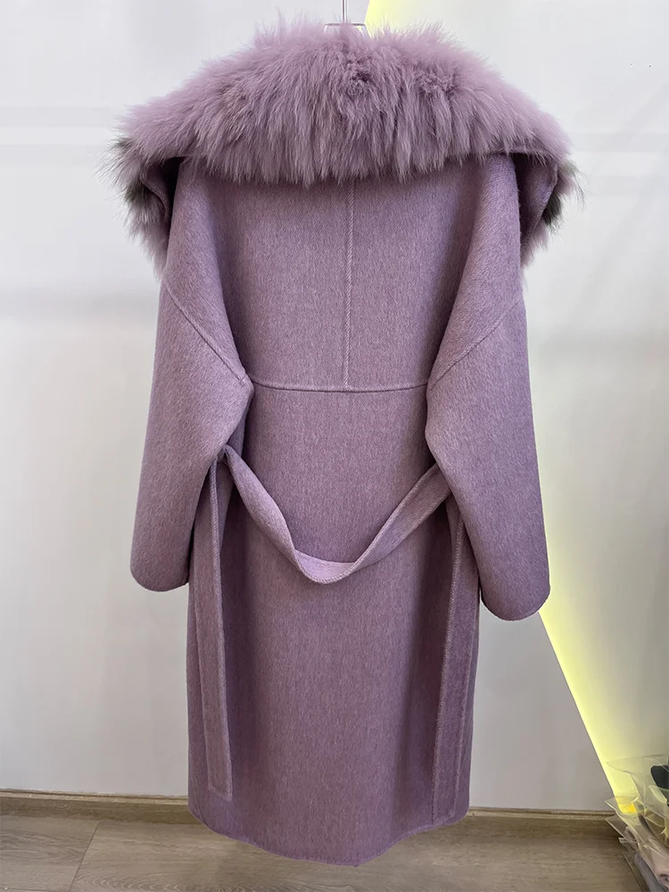 2025 Fashion Winter Long Women Wool Cashmere Blended Coat Big Real Silver Fox Fur Collar Luxury Jacket With Belt Outwear