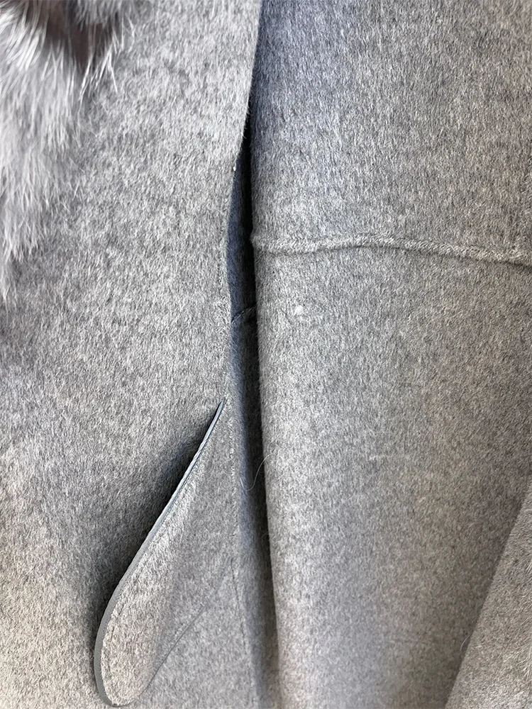 2025 Fashion Winter Long Women Wool Cashmere Blended Coat Big Real Silver Fox Fur Collar Luxury Jacket With Belt Outwear