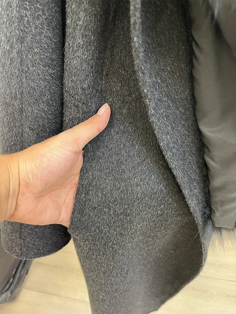 2025 Fashion Winter Long Women Wool Cashmere Blended Coat Big Real Silver Fox Fur Collar Luxury Jacket With Belt Outwear