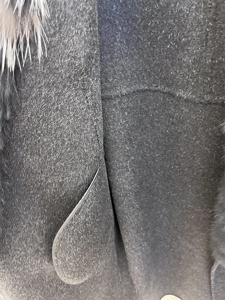 2025 Fashion Winter Long Women Wool Cashmere Blended Coat Big Real Silver Fox Fur Collar Luxury Jacket With Belt Outwear