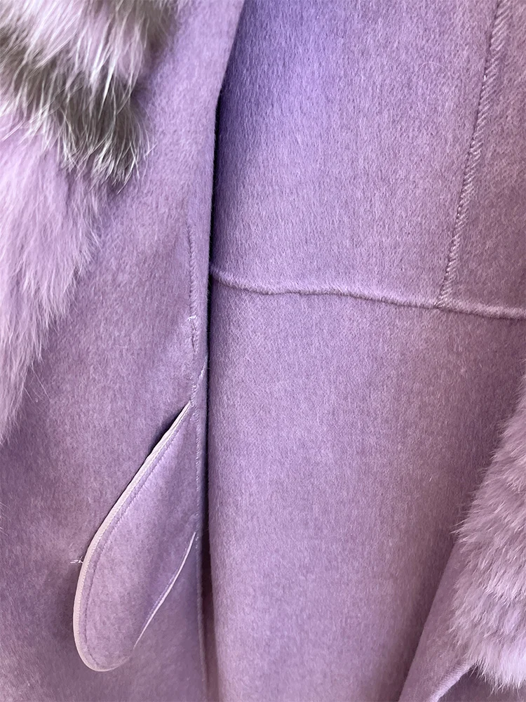 2025 Fashion Winter Long Women Wool Cashmere Blended Coat Big Real Silver Fox Fur Collar Luxury Jacket With Belt Outwear