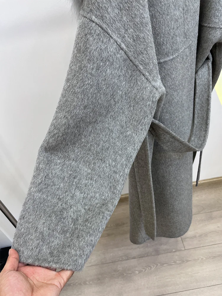 2025 Fashion Winter Long Women Wool Cashmere Blended Coat Big Real Silver Fox Fur Collar Luxury Jacket With Belt Outwear