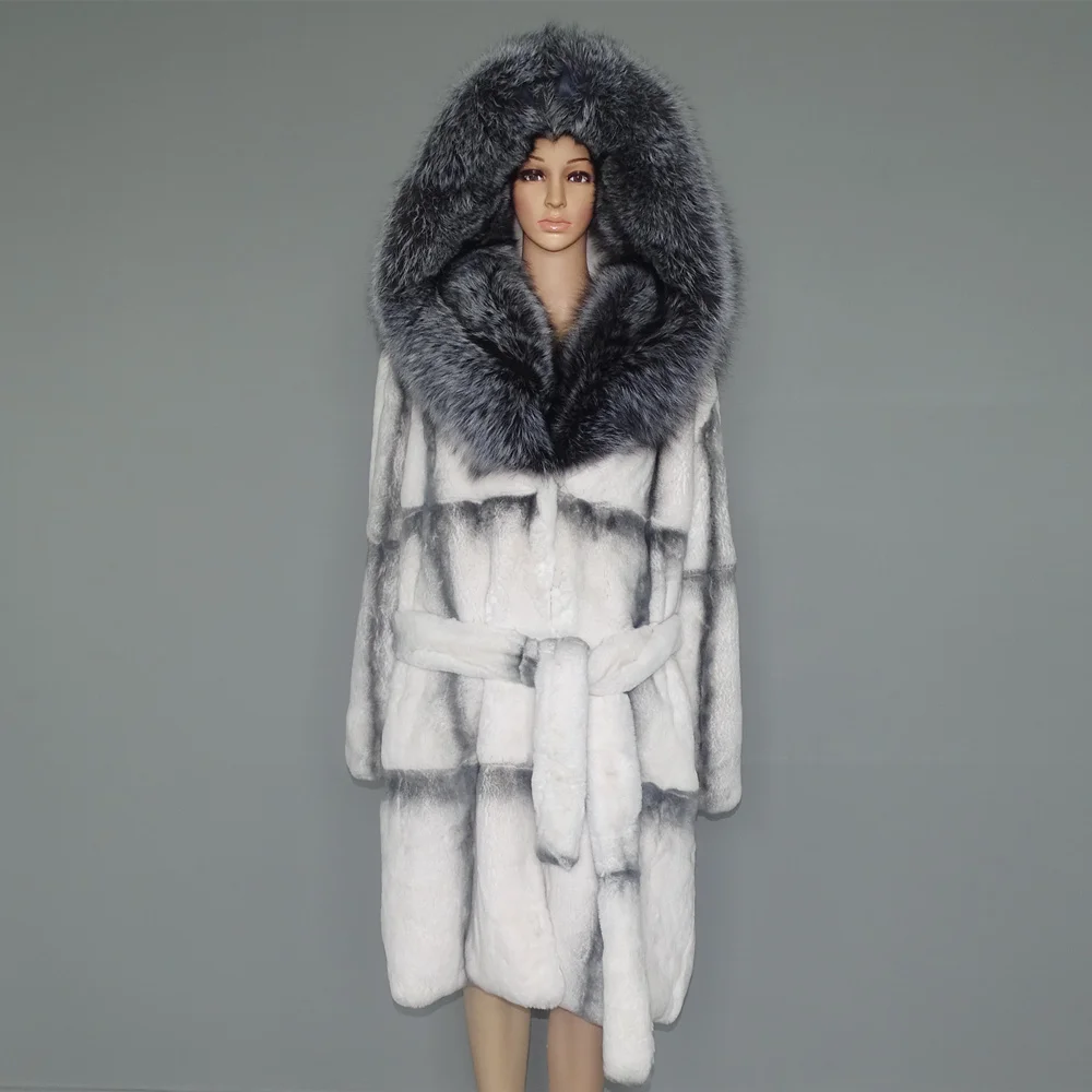 FURTJY Natural Fur Real Fur Coat Lexus Natural Rabbit Fur Coat Woman Fox Fur Collar Thick Warm Overcoat Luxury Outerwear