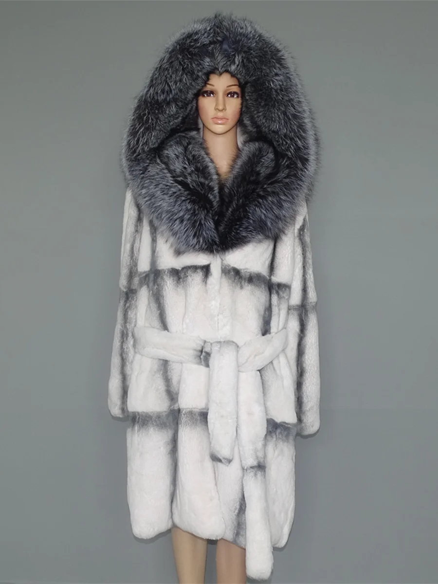 FURTJY Natural Fur Real Fur Coat Lexus Natural Rabbit Fur Coat Woman Fox Fur Collar Thick Warm Overcoat Luxury Outerwear