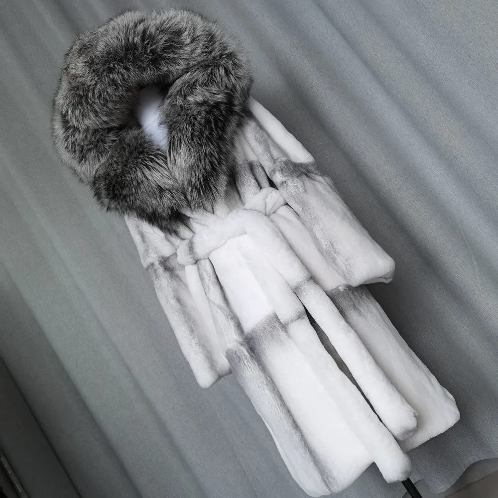 FURTJY Natural Fur Real Fur Coat Lexus Natural Rabbit Fur Coat Woman Fox Fur Collar Thick Warm Overcoat Luxury Outerwear