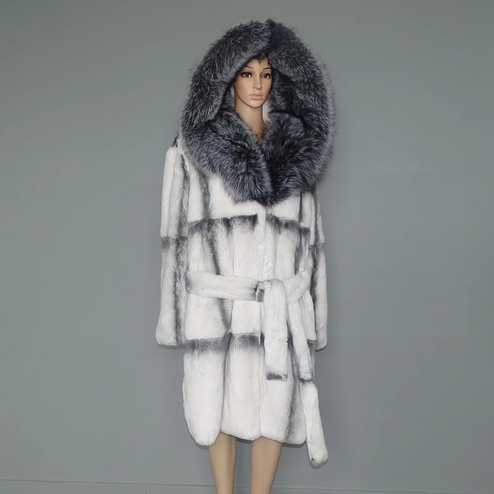 FURTJY Natural Fur Real Fur Coat Lexus Natural Rabbit Fur Coat Woman Fox Fur Collar Thick Warm Overcoat Luxury Outerwear