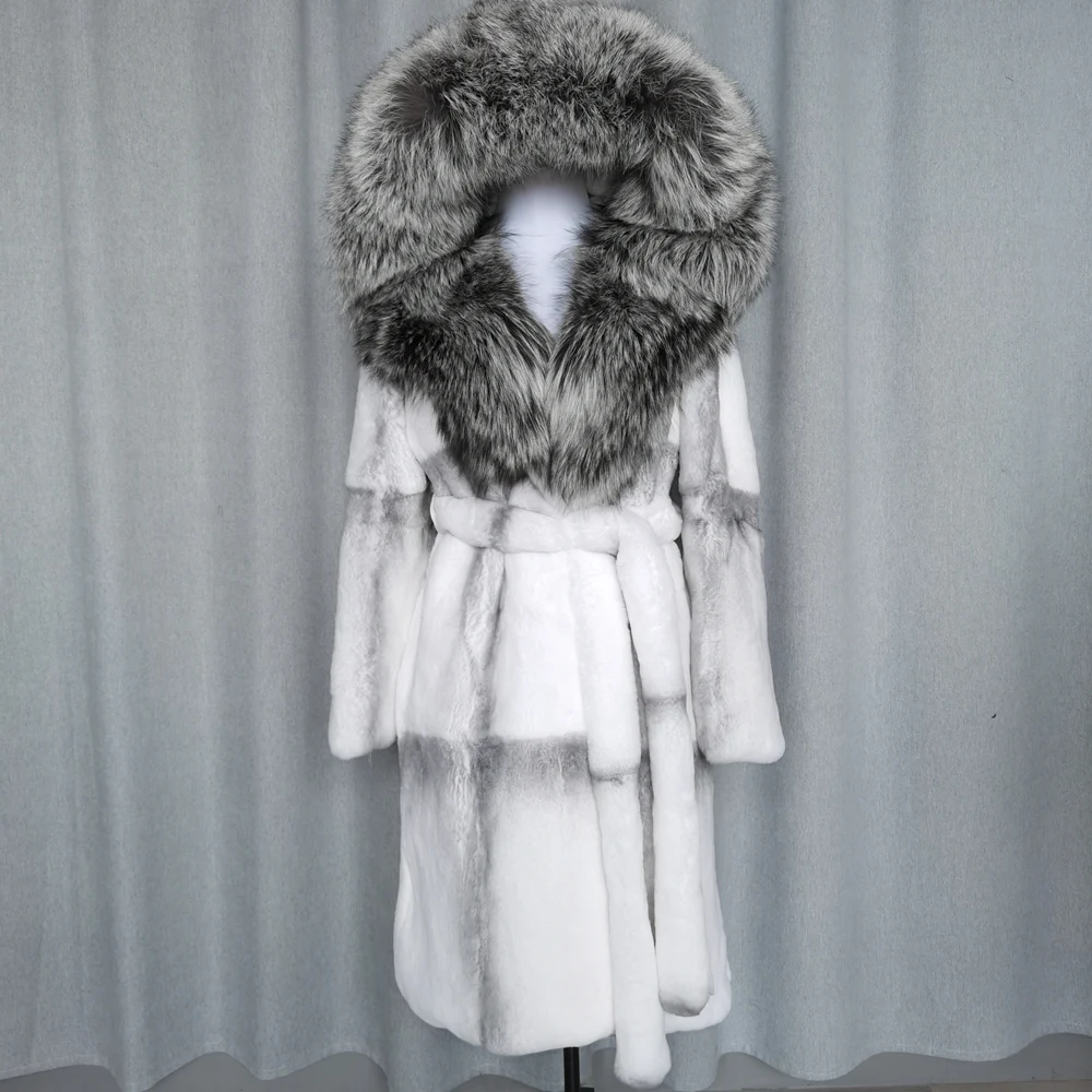 FURTJY Natural Fur Real Fur Coat Lexus Natural Rabbit Fur Coat Woman Fox Fur Collar Thick Warm Overcoat Luxury Outerwear