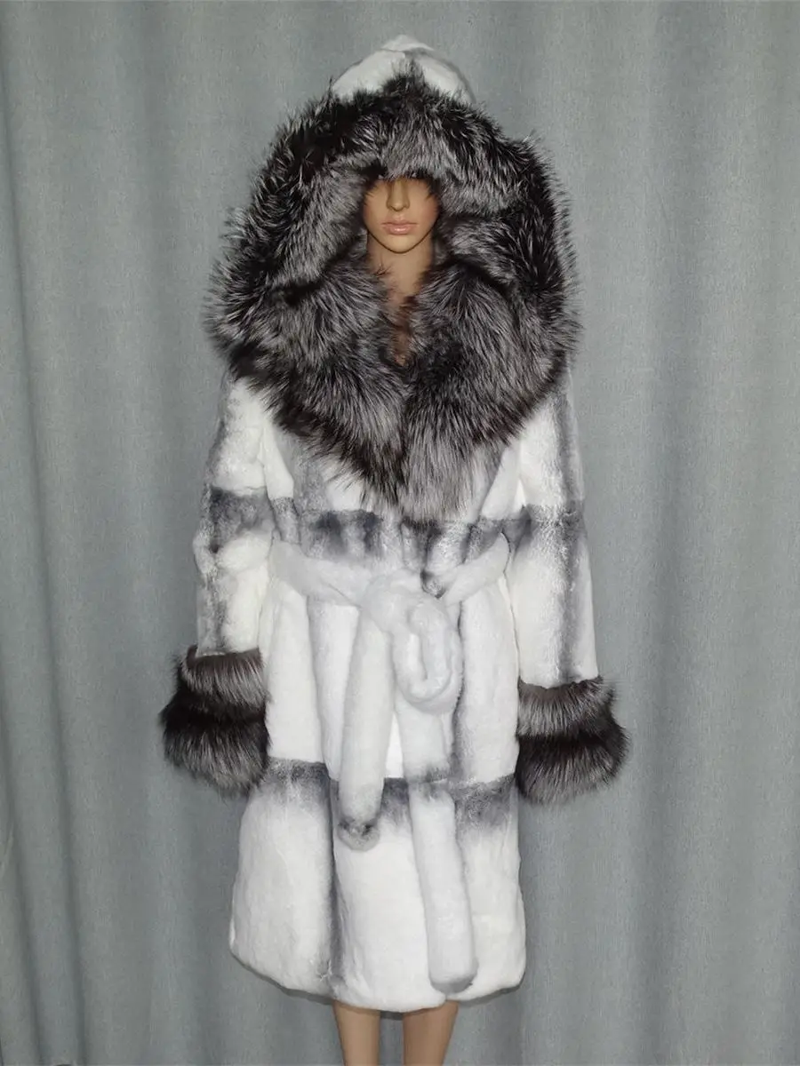 FURTJY Natural Fur Real Fur Coat Lexus Natural Rabbit Fur Coat Woman Fox Fur Collar Thick Warm Overcoat Luxury Outerwear
