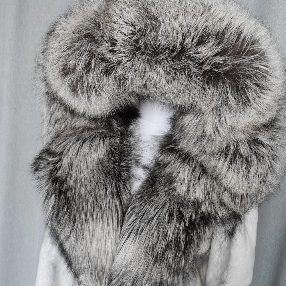 FURTJY Natural Fur Real Fur Coat Lexus Natural Rabbit Fur Coat Woman Fox Fur Collar Thick Warm Overcoat Luxury Outerwear