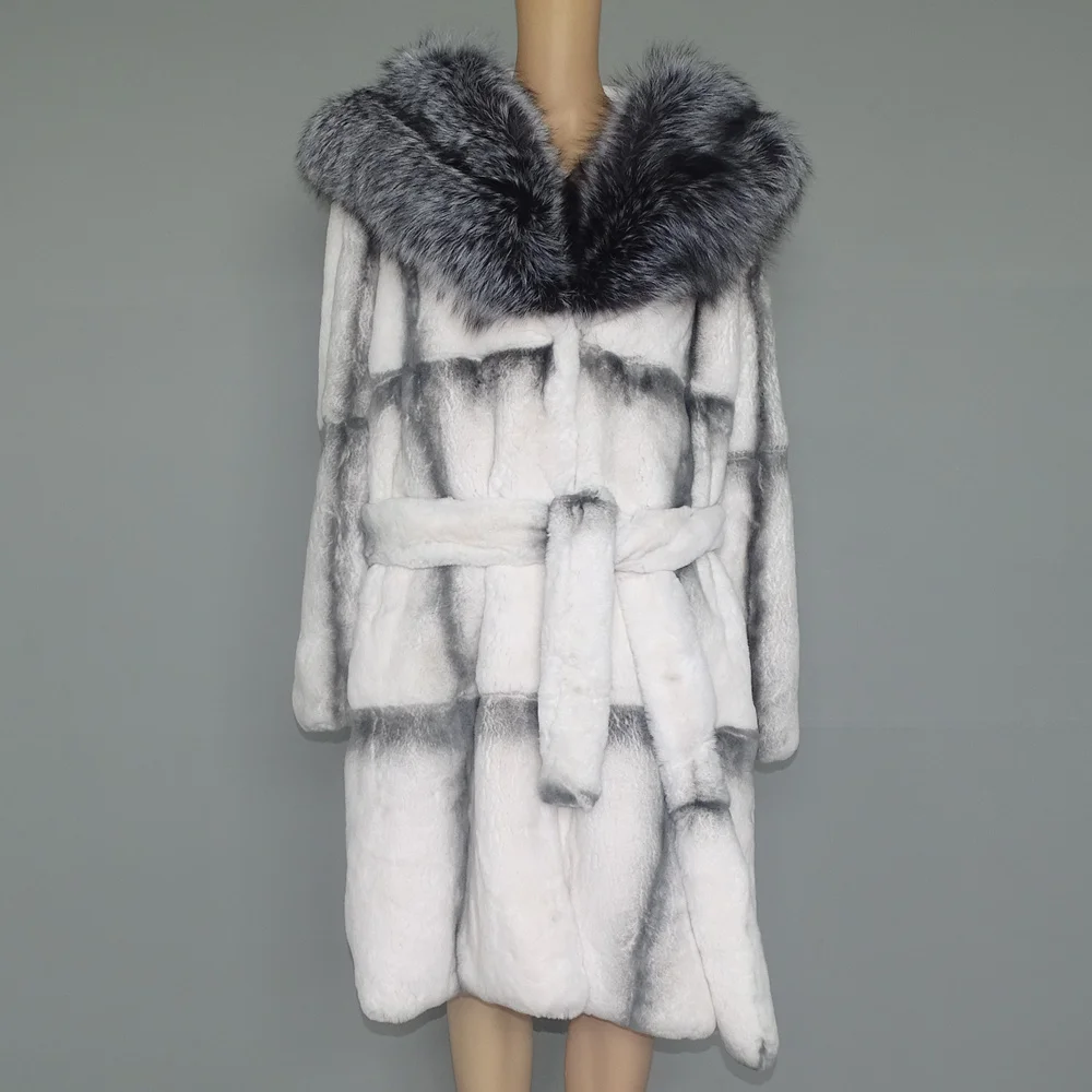 FURTJY Natural Fur Real Fur Coat Lexus Natural Rabbit Fur Coat Woman Fox Fur Collar Thick Warm Overcoat Luxury Outerwear