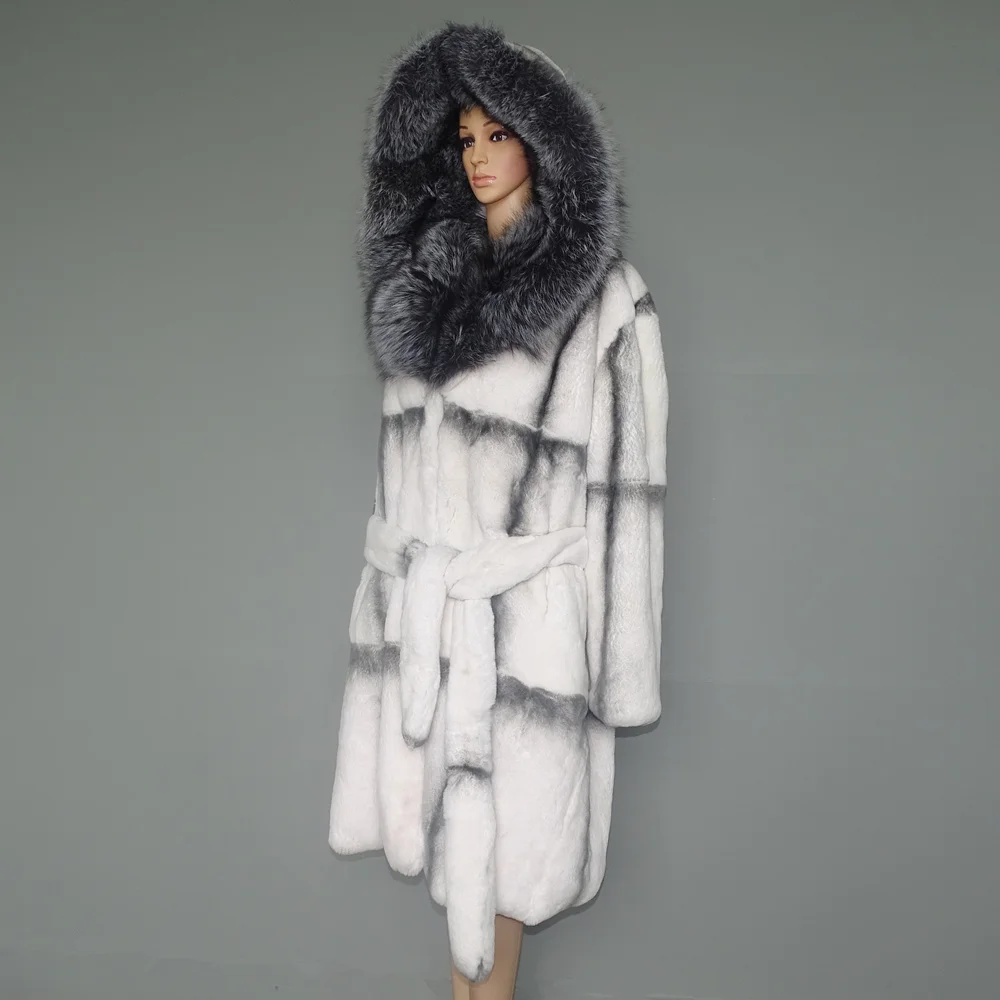 FURTJY Natural Fur Real Fur Coat Lexus Natural Rabbit Fur Coat Woman Fox Fur Collar Thick Warm Overcoat Luxury Outerwear