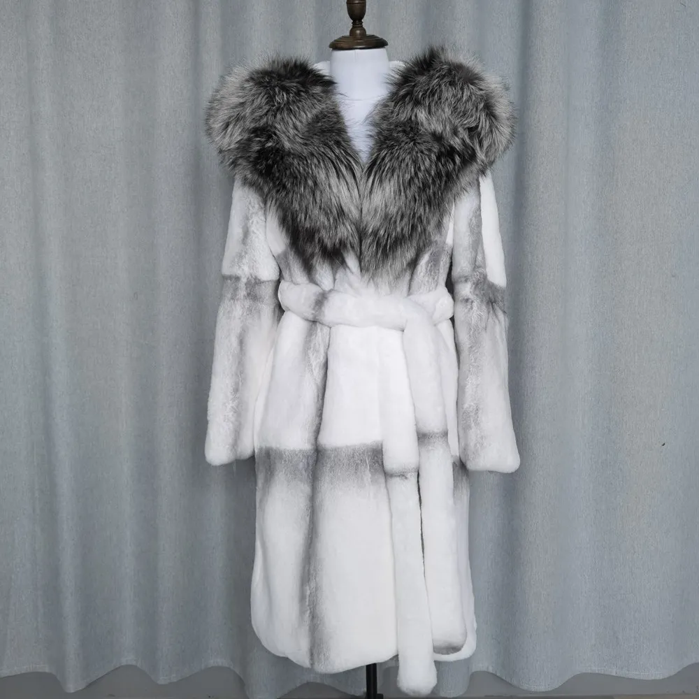FURTJY Natural Fur Real Fur Coat Lexus Natural Rabbit Fur Coat Woman Fox Fur Collar Thick Warm Overcoat Luxury Outerwear