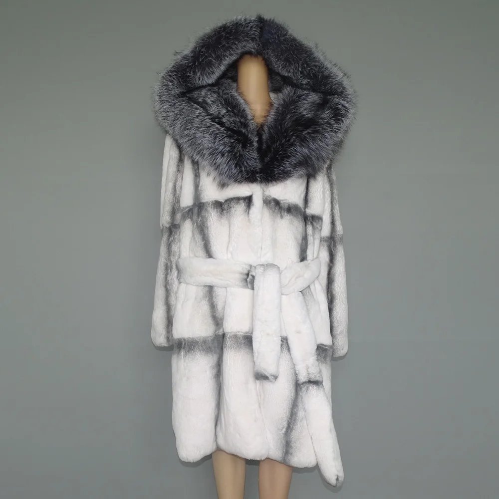 FURTJY Natural Fur Real Fur Coat Lexus Natural Rabbit Fur Coat Woman Fox Fur Collar Thick Warm Overcoat Luxury Outerwear